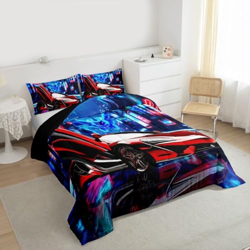 Image of Feelyou Red Race Car Comforter Boys Speed Sports Car Bedding Set for Kids Boys Girls Racing Car Comforter Set Extreme Sports Duvet Set 1 Comforter Set with 2 Pillowcases King Size Boys