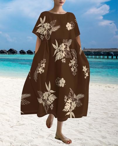 Plus Size Dress for Women Flowy Midi Dress Boho Floral Linen Short Sleeve T Shirt Dresses with Pockets Trendy Summer3