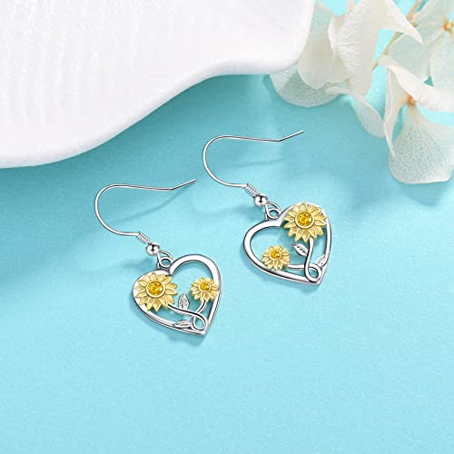 Silver Sunflower Heart Earrings For Women - 925 Sterling Silver Sunflower / Daisy Heart Dangle Earrings, Valentines Mothers Day Christmas Gifts Sunflowers Daisy Heart Dangle Earrings Jewelry For Girls (Sunflowers Heart Earrings) #TOP3