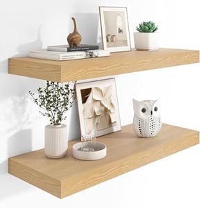 12″ Deep Floating Shelves, 36 x 12 Inch Wall Mounted Long Floating Shelf with Invisible Brackets, for Home Decor, Bedroom, Kitchen, Living Room, Bathroom – 2 Pack, Oak