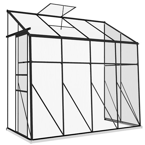 Outsunny Serre adossée en Polycarbonate, Serre de Jardin avec Porte coulissante et évent de Toit 5 Positions, Cadre et Base en Aluminium, Noir