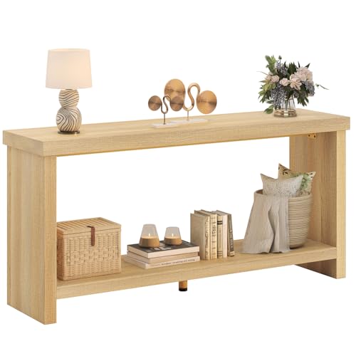 Image of knoworld 63 Inches Narrow Console Table, 2-Tier Long Sofa Tables Behind Couch Table, Farmhouse Foyer Tables for Entryway, Hallway, Living Room, Oak Natural