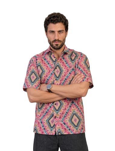 Image of BROWN CULTURE Men's Cotton Blend Printed Shirt with Spread Collared Neck Half Sleeves Oversized Straight Hem Length and Button Down Closure | Formal Shirts for Men