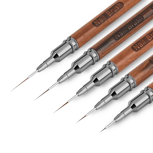 Wooden Nail Art Brushes, 5Pcs Nail Art Liner Brushes, Painting Art Design Brush Set Nail Dotting Drawing Tool for Long Lines, Thin Details, Fine Drawing Sizes 6/9/12/15/18mm, Natural