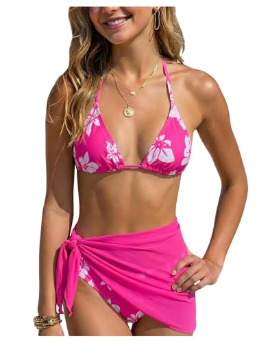 Image of SOLY HUX Girl's Summer Swimsuit Set Floral Halter Triangle Bikini Set with Wrap Skirts Beachwear