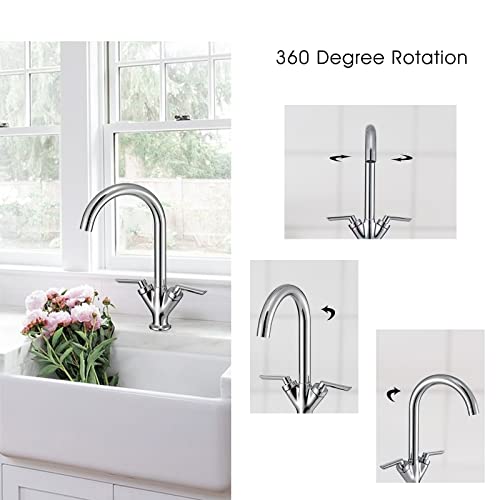 Funime® Kitchen Sink Mixer Taps Monobloc Swivel Spout Chrome Brass Dual Lever with Hoses, DT03A - Image 4
