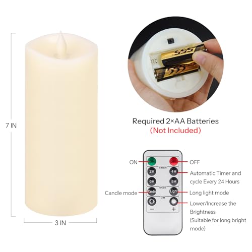 Image of 1PCS, 3 x 7 inches Flameless Candle with Remote Control, 3D Flickering Wick, Real Wax, Battery Candles,with Timer,Battery Powered Candles,for Holiday Home Decor,Ivory