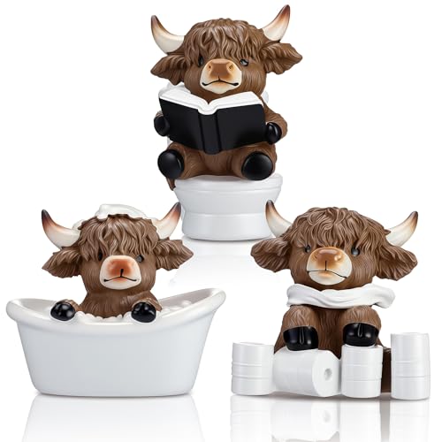 Kireida Ensemble De 3 Figurines De Vaches des Highlands en Résine pour Salle De Bain, Décoration WC, Statue De Veau Écossaise, Cadeaux pour Maison, Jardin, Cuisine, Burea