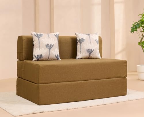 Image of uberlyfe Xtra High, Xtra Soft 2 Seater (4' x 6') Sofa Cum Bed | 1 Year Warranty | 17 inch Sofa Height | Twin Size Foldable Bed | Water Repellent Fabric | 2 Cushions Bloom Pattern | Rodhouse Brown Color