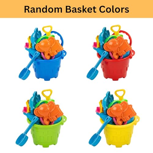 Image of Kids Beach Sand Toy Set - Castle Bucket with Shovels, Rake & Sea Animal Moulds (Crab, Turtle, Starfish, Shell) Pack of 12 | Outdoor Summer Sand Play Kit for Toddlers