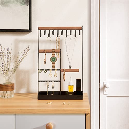 ProCase Jewellery Organiser Jewellery Stand Holder, 4 Tiers Jewelry Stands Necklace Organizer Earring Holder, 10 Hooks Jewelry Tower Display for Bracelets Watches Rings Gifts for Women -Black