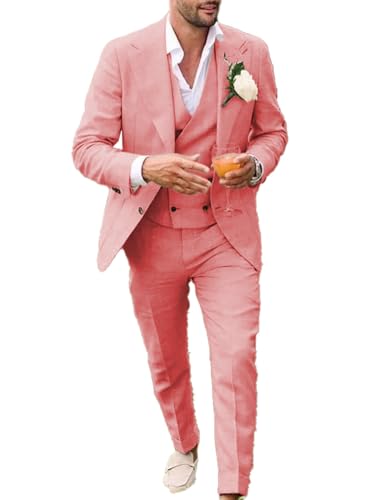 Conjunto de traje de lino para hombre, esmoquin casual, 3 piezas, ajuste regular, chaqueta, chaleco y pantalones para graduación, boda, coral, 46