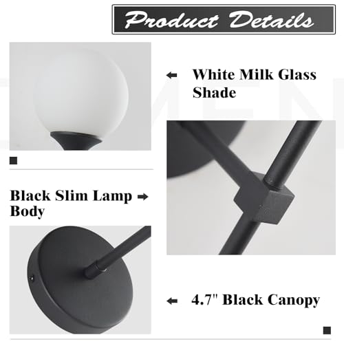Image of KCO Lighting Farmhouse Matte Black Wall Sconce Set of 2 Vintage Milk White Glass Globe Wall Light Mid Century Modern Bathroom Vanity Light Set of Two Industrial Bar Wall Lamp