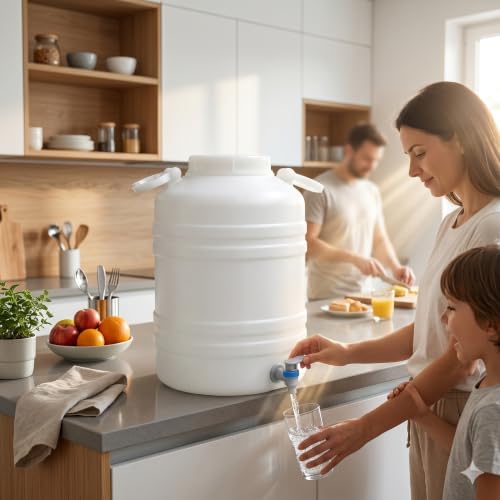 Image of NAKSHATHRA Water Dispenser with Tap, Plastic Water Storage Drum, Open Top with Lid, Ideal for Home, Kitchen & Office, Food Grade HDPE Material, UV-Stabilized - 30 litres (White)