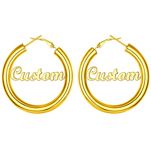 FaithHeart Personalized Custom Name Earrings for Women, Stainless Steel 18K Gold Plated Unique Hoop Ear Charms