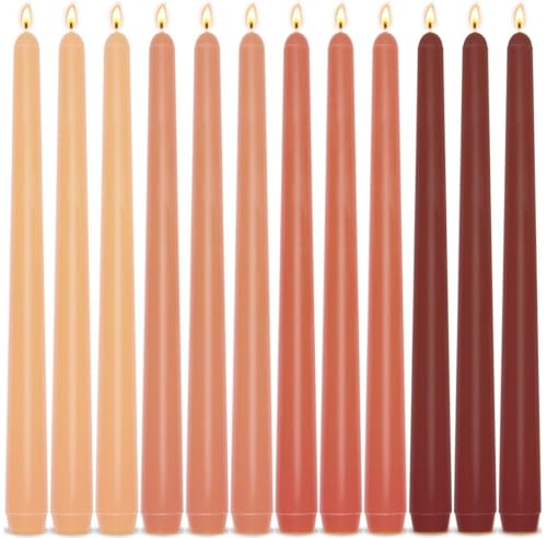 12-Pack Earth Tone Taper Candles 10 Inch Unscented Dripless Candlesticks Long-Lasting Burn Time of 7-8 Hours Perfect for Fall Harvest Halloween Thanksgiving Dinners Parties and Home Dcor