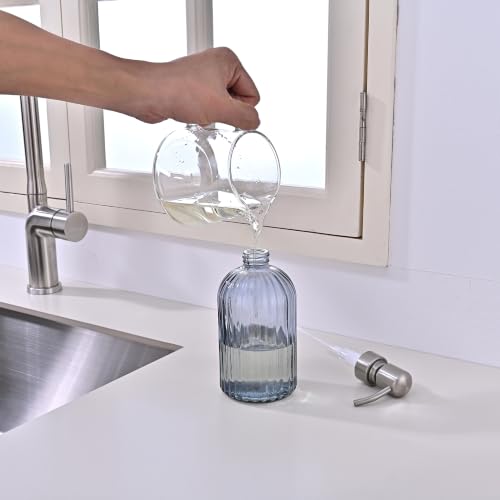 Image of 16 OZ Blue Grey Striped Glass Soap Dispenser with Brushed Nickel Pump