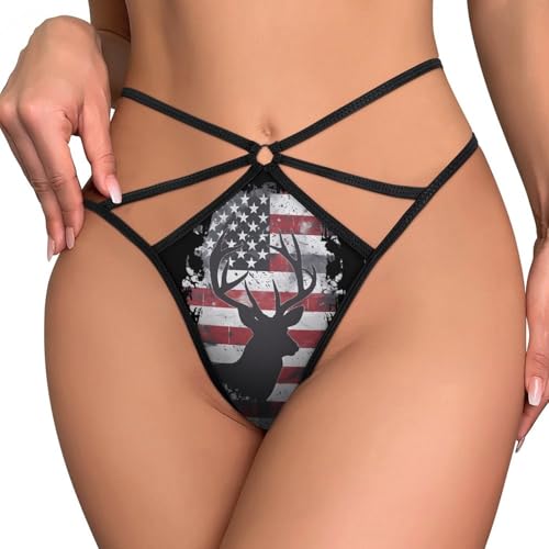Deer Hunting U.S. Flag Women’s Sexy G String Thong Funny T-Back Stretch Printed Panties Underwear