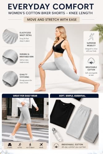 Image of mybody Women's Cotton Knee Length Cycling Shorts | Stretchable Breathable Biker Gym Yoga Workout Shorts | Mid Waist Athletic Fit