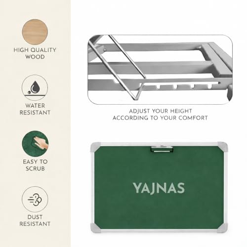 Image of YAJNAS Multipurpose Portable Green Chalkboard Study Laptop Table (15x23 Inch) | Height Adjustable Foldable Lap Desk & Bed Table for Kids, Home, Office, Online Classes & Learning | with Chalk & Duster