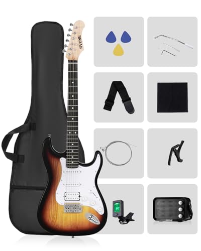 RVONE RST-150 39”Beginner Electric Guitar Kit with Amplifier, Classic HSS Pickup, Electric Guitar with Gig Bag, Capo, Strap, Extra Strings, Digital Tuner, 3 Picks, Cleaning Cloths (3-Sunburst)