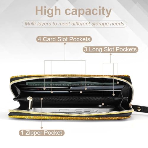 Women's Travel Zipper Purse Fashion Design, Huge Storage Capacity Purse, Cute Decor Wallet, Long PU Wallet With Rope Beautiful Gold Shining Glitter Sparkles Pattern4