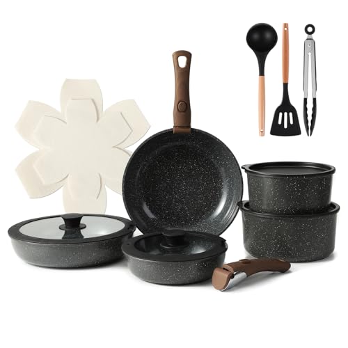 15PCS Ceramic Cookware Sets Detachable Handle Pots and Pans Set Non Stick (Black)
