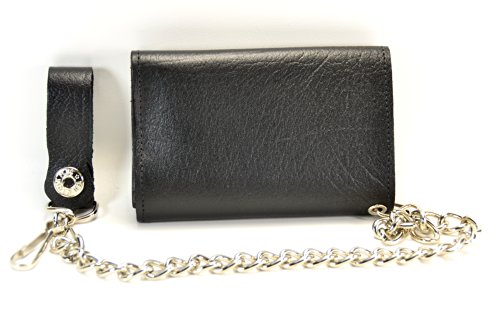 Plain Genuine Leather Tri-fold Bikers Wallet with 16" Chain Black2