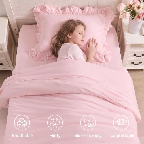 Image of Twin Comforter Set for Girls, Boho Bedding Comforter Sets, 4 Pieces Double Ruffles Comforter Sets with Comforter, Fitted Sheet, Flat Sheet and Pillowcase, Pink