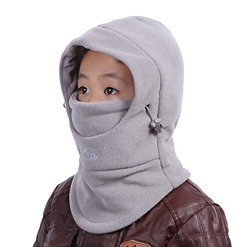 VJOLI Unisex Kinder Winter Mütze Jungen Mädchen Kapuzenschal, 5 in 1 Hut mit Warmen Schal Ski-Outdoor Sport Winter Schlupfmütze Cap 2-15 Jahren (Hellgrau)