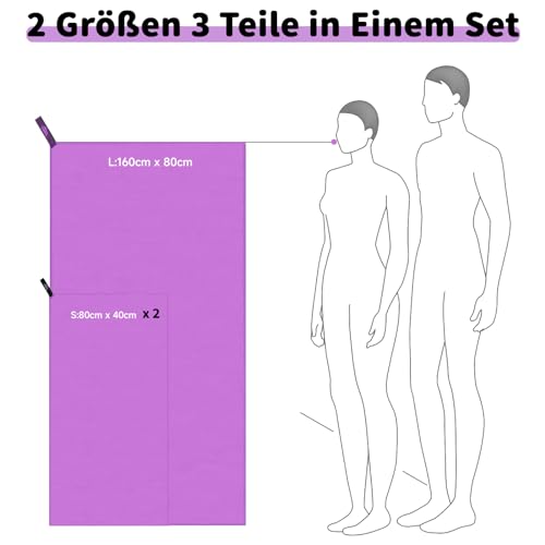 Pameil Mikrofaser Handtuch 3er Set (160x80cm Groß Badetuch +2 Stück 80x40cm Klein Handtuch)… – Ansicht 2