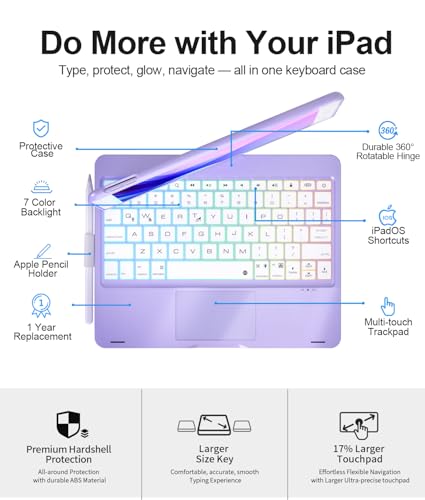 Image of Baisla iPad 9th Generation Case with Keyboard 10.2 inch (2021), 360 Rotatable with Trackpad & Rainbow Backlit, iPad Keyboard case for 9th /8th /7th, iPad Air 3, iPad Pro 10.5 (Metallic Purple)