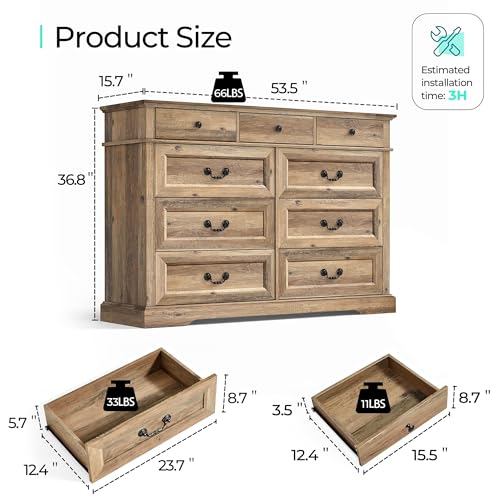 LINSY HOME Dresser for Bedroom, 9 Drawer Wood Farmhouse Chest, Tall Vintage Dressers with Deep Storage Drawers, Wide Large Dresser, Accent Wide Storage Cabinet for Bedroom, Living Room, Rustic Brown - Thumbnail 2