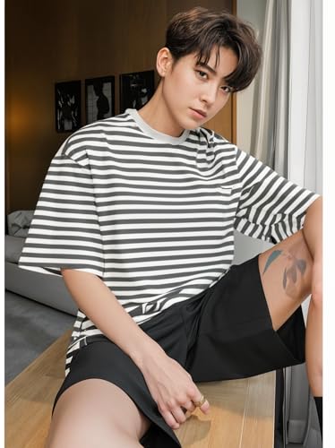 Image of Mack Jonney Oversized | Loose Fit | Half Sleeves 100% Cotton Round Neck Striped T-Shirt for Men-MACK640558