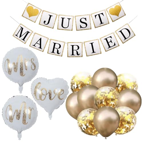 VGRDTW Just Married Decorations, Just Married, Wedding Balloons, Party Decor Set Banner & Balloons, Wedding Car Decorations, Reception Backdrop Supplies for Newlyweds