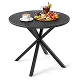 Tangkula Round Patio Dining Table, 35.5 Inches Outdoor Heavy Duty Metal Frame Dinner Table with Wood-Like Top & X-Shaped Legs, for Outside,Balcony, Backyard, Lawn & Garden