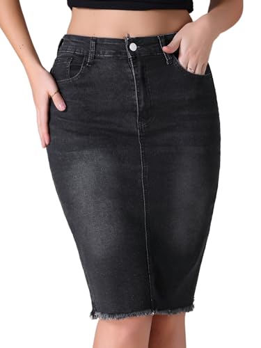CIMUK Women's Denim Skirt Raw Hem High Waisted Pockets Stretch Knee Length Jean Skirts Medium Black