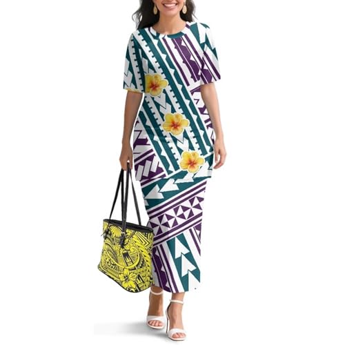 Image of Polynesian Dress for Women Short Sleeve High Waist Maxi Skirt | Puletasi dress, t-shirt and skirt two-piece, elastic material, lightweight, soft, plus size, luau party, wedding, clubwear