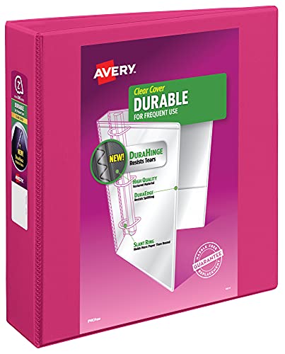 Avery Durable View 3 Ring Binder 2 Inch Slant Rings 2.8 Inch Wide Spine Customizable Clear Cover Ideal for School Office and Home Organization 1 Pink Binder (17836)