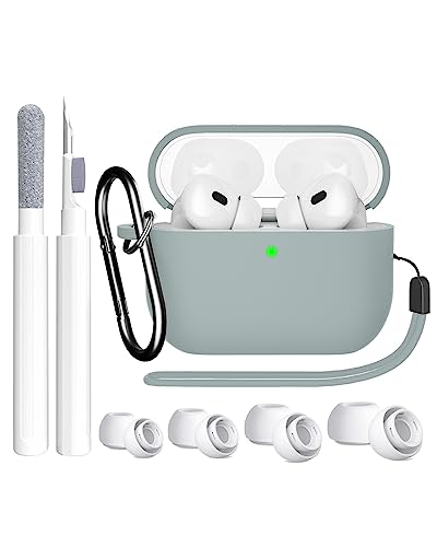SUPFINE for AirPods Pro 2nd Generation Case(2023/2022/2019), Soft Silicone Drop Protection AirPod Pro Case Cover(USB-C/Lightning Cable) with Cleaner kit&EarTips, Front LED Visible-Light, Gray