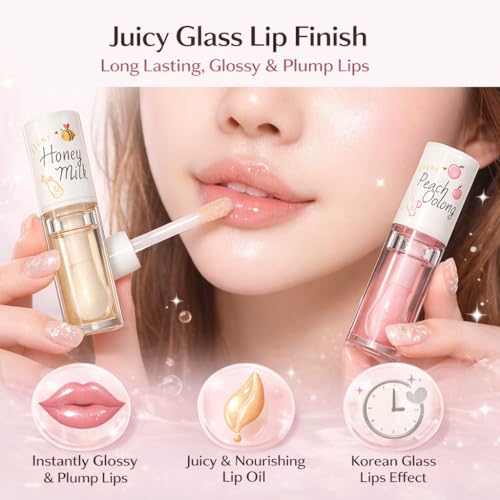 Image of Pack of 2 Lip Gloss Set - Honey Milk & Peach Oolong | Hydrating, Non-Sticky, Glossy Finish Lip Oil | Long Lasting Shine Lip Gloss for Women