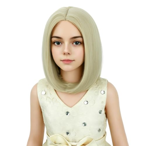 Image of Kids Blonde Wig Girls Grey Blonde Bob Wig Child Short Bob Wig Middle Part Wig for Kids Synthetic Wigs with Wig Cap