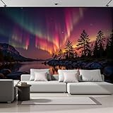 Papel Tapiz Fotográfico 3D Calcomanías De Pared, Bosque Reflejo De La Aurora Boreal Sala De Estar Tv Fondo Mural,Maravillas Naturales Papel Tapiz 3D Decoración Dormitorio Mural-150 × 105 Cm