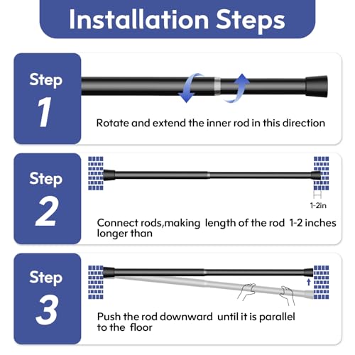 Image of Corklatta 2 Pack Black Spring Tension Curtain Rods Adjustable 16 to 28 Inch, 1 /2 inch Diameter Small Tension Rod,No Drill Curtain Rods for Window