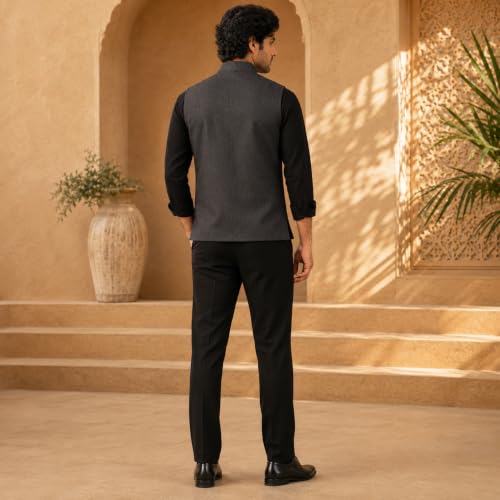 Image of Vastraa Fusion Men's Blue & Grey Chequered Woolen Blended Festive Nehru Jacket /Waistcoat