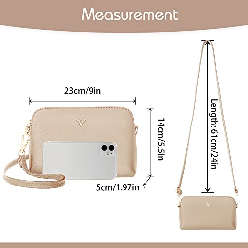 ZMDB Damen Klein Umhängetasche PU Leder Handytasche mit Handgelenkband & Verstellbar Abnehmbar Schultergurt, Damen Tasche Reißverschluss Crossbody Bag (Beige-Groß)