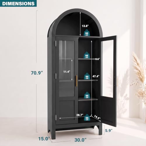 Image of Arched Storage Cabinet with 2 Doors and 5-Tier Shelves for Living Room, 71 inch Tall Wooden Pantry Cabinet for Dining Room and Kitchen, Floor Bathroom Organizer, Black