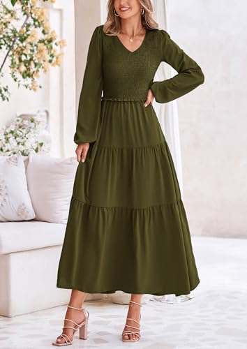 Image of PRETTYGARDEN Fall Dresses for Women 2025 Casual Long Sleeve V Neck Smocked A Line Long Flowy Wedding Guest Dress
