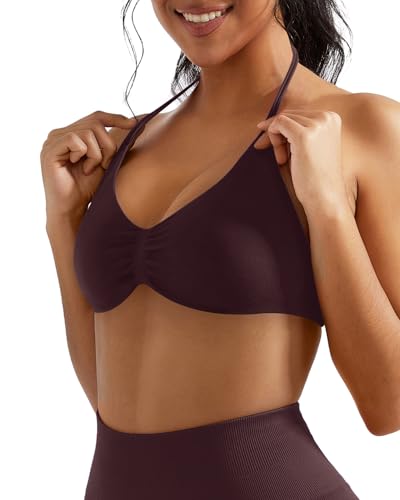 Image of OMKAGI Halter Sports Bras for Women Padded Strappy Bra Open Back Workout Gym Crop