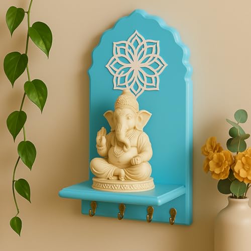 Image of Globally Indian Engineered Wood Keys Holder for Wall with Shelf |Mandala Design Key Stand Organizer for Home Entrance |Decorative Key Hanger for Wall, Entryway, Living Room |Floating Wall Shelf (Blue)